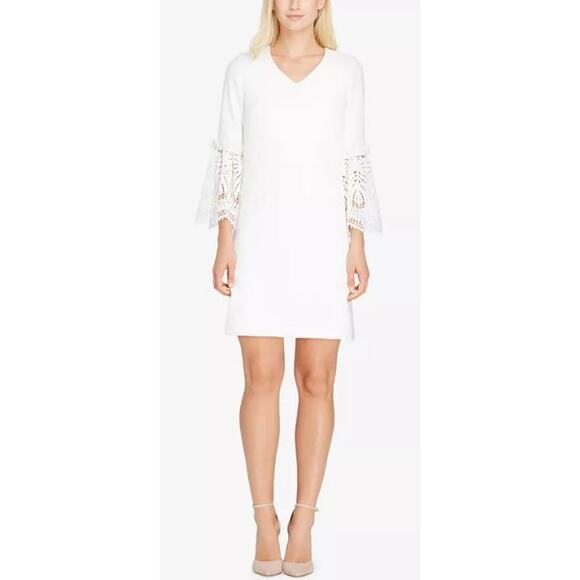 TAHARI ASL $128 Crochet Sleeve Contrast V-Neck Shift Dress White Size 8 - Picture 1 of 5
